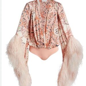 Chic Paisley Bodysuit with Feather Accents